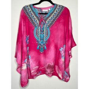 NWT Belle by Kim Gravel Printed V-Neck Lace-Up Poncho SIZE SMALL